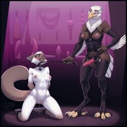 1:1 absurd_res accipitrid accipitriform anthro avian bird black_border bodily_fluids bondage border bound breasts clothing collar corset domestic_cat eagle felid feline felis female genital_fluids genitals hi_res kneeling latex latex_clothing latex_legwear latex_stockings legwear lingerie mammal mia_(eag1e) minnosimmins nipple_piercing nipples noemi_(eag1e) nude piercing restraints riding_crop sex_toy spreader_bar stockings strapon topwear vaginal_fluids vulva whip