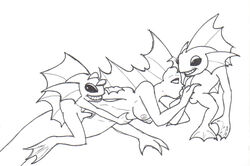 1girls 2boys bare_arms bare_shoulders belly_grab black_eyes blank_eyes blizzard_entertainment breasts fellatio female fins half-closed_eyes male murloc murloc_male naga naga_(warcraft) naga_female nipples open_mouth oral sharp_teeth simple_background sketch threesome warcraft webbed_feet webbed_fingers webbed_hands webbed_toes white_background world_of_warcraft