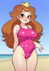 1girls ai_generated beach black_hair brown_hair crown dic_entertainment mario_(series) nintendo one-piece_swimsuit princess_peach princess_toadstool princess_toadstool_(dic_cartoons) swimsuit the_super_mario_bros._super_show!