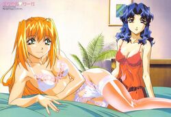 2girls blue_hair excel excel_saga female female_only garter_belt green_eyes hyatt legs lingerie long_hair medium_breasts multiple_girls navel orange_hair smile stockings