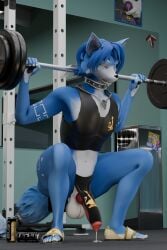 2:3 absurd_res animal_genitalia animal_penis anthro belly beverage blue_body blue_hair bodily_fluids bottomwear canid canine canine_genitalia canine_penis clothing crop_top cum cum_drip cum_puddle dripping energy_drink exercise fox genital_fluids genitals golem_(artist) hair hi_res ineffective_clothing ineffective_loincloth jewelry knot krystal_(star_fox) loincloth male mammal nintendo penis rule_63 shirt solo squats star_fox text topwear translated weightlifting weights white_belly workout