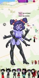 5_eyes 6_arms alternate_version_available arachnid areolae black_sclera blue_areola blue_nipples blush bow fangs heart-shaped_pupils heels muffet pink_eyes pixel_art purple_body purple_hair purple_skin spider spider_girl tagme thighhighs tits_out undertale unknown_artist wplace