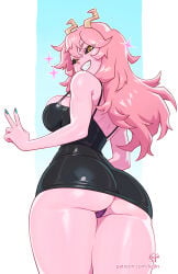 1girl aged_up animal_print aqua_nails ashido_mina ashido_mina_time-skip ass black_dress black_sclera boku_no_hero_academia breasts colored_sclera colored_skin commentary cowboy_shot dress fingernails from_below from_side grin highres horns kajin_(kajinman) kajinman large_breasts leopard_print leopard_print_panties light_blush long_fingernails long_hair looking_at_viewer microdress mina_ashido mina_ashido_time-skip mole mole_on_ass my_hero_academia nail_polish panties pantyshot patreon_username pencil_dress pink_hair pink_skin print_panties purple_panties sleeveless sleeveless_dress smile solo sparkle standing thighs_together turning_head underwear v web_address yellow_eyes yellow_horns