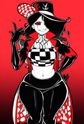 hazbin hazbin_hotel villainess villain gothic evil_grin black_pants checkered_shirt black_hair red_background hat pale-skinned_female pale_skin black_glove roo_(hazbin_hotel) evil_woman demon demoness hellaverse wide_hips gradient_background red_eyes ai_generated novelai