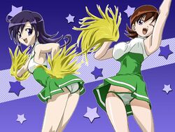 2girls 4:3 armpits ass bare_shoulders blue_eyes blue_hair breasts brown_hair cameltoe cheerleader duel_masters erect_nipples female female_only kirifuda_mai large_breasts long_hair looking_back mai_kirifuda multiple_girls open_mouth panties pantyshot pink_eyes smile tasogare_mimi underwear upskirt wink