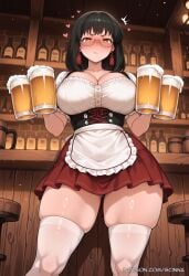 ai_generated alcohol beer beer_mug black_hair breasts cup curvaceous curvaceous_body curvy curvy_body curvy_female dirndl earrings female german_clothes glasses heart holding holding_cup jewelry large_breasts long_hair mahouka_koukou_no_rettousei mug scinna self_upload shibata_mizuki skindentation solo stable_diffusion thighhighs underbust waist_apron white_legwear
