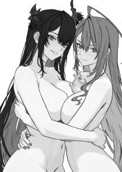 2girls ahoge big_breasts breast_press breasts danimocles elizabeth_rose_bloodflame female female_only fire hololive hololive_english hololive_english_-advent- hololive_english_-justice- horns large_breasts long_hair looking_at_viewer monochrome naked nerissa_ravencroft nude smile smiling symmetrical_docking virtual_youtuber vtuber yuri