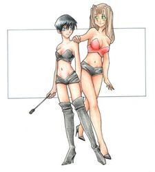 2girls bad_id bad_source breasts dominatrix female friends long_hair meryl_stryfe milly_thompson multiple_girls short_hair standing strapless tagme trigun yuri