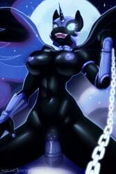 2:3 alicorn animal_genitalia animal_penis armor black_body blue_eyes bluecoffeedog chains cowgirl_position equid equine equine_genitalia equine_penis female first_person_view friendship_is_magic from_front_position genitals hasbro headgear helmet hi_res horn horn_jewelry horn_ring jewelry looking_at_viewer male male/female mammal my_little_pony mythological_creature mythological_equine mythology nightmare_moon_(mlp) on_bottom on_top penetration penis ring_(jewelry) sex sharp_teeth simple_background solo solo_focus teeth vaginal_penetration wings