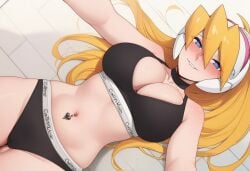 ai_generated belly_piercing big_ass biting_own_lip blonde_hair calvin_klein ciel_(mega_man) heart-shaped_pupils underwear