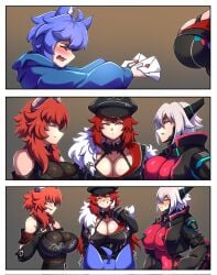 3girls 3koma :p ahoge aljune_art alternate_costume animal_ears bare_shoulders blue_hair blush bodysuit breast_press brown_hair buckle character_request closed_eyes doppelganger dual_persona embarrassed evil_grin evil_smile fingerless_gloves flirting gender_request goth hands_out_of_frame horns huge_breasts jacket letter looking_at_another looking_down military_hat official_alternate_costume orange_hair serious size_difference smile tall_female tongue_out torn_clothes trembling virtual_youtuber yellow_eyes zentreya