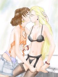 2girls artist_request blonde_hair bra breasts brown_hair catherine_bloom dorothy_catalonia female gundam gundam_wing human kiss light-skinned_female light_skin long_hair panties signature yuri