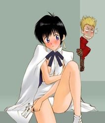 black_hair blonde_hair blush derringer earrings gun handgun jewelry kikumaru_bunta meryl_stryfe nipple_slip nipples panties pistol purple_eyes short_black_hair trigun underwear vash_the_stampede weapon white_panties