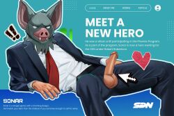 1boy 3:2 balls bat belt clothing detailed_background dispatch_(game) english_text erection exclamation_point fangs formal_clothing formal_wear fur genitals grey_body grey_fur hand_on_leg hand_on_thigh heart_symbol hi_res humanoid_genitalia humanoid_penis hybrid light_body light_skin looking_at_viewer lying male male_only mammal nails necktie on_side penis penis_poking_out poster shirt smile solo solo_male sonar_(dispatch) spread_legs spreading suit tacos_de_yuca tacosdeyuca teeth text topwear user_interface white_clothing white_shirt white_topwear