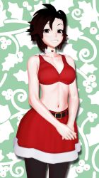 1girls arrancon black_hair black_hair_female christmas christmas_outfit cleavage medium_breasts red_highlights ruby_rose rwby short_hair silver_eyes solo_female