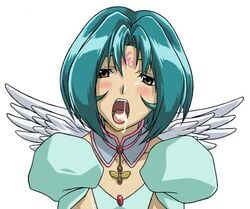 .hack .hack// .hack//sign blush clothed clothing color cum cum_in_mouth cum_inside cyan_hair facial female female_only looking_at_viewer open_mouth short_hair solo subaru sweat tongue wings