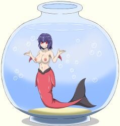 arrashi female fishbowl large_breasts mermaid mermaid_tail midriff navel nipples post_transformation sukuna_shinmyoumaru toned_stomach touhou transformation wide_hips