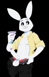 :3 anthro beverage black_background clothed clothing cocktail_glass container cup dress_shirt drinking_glass erection fur genitals glass glass_container glass_cup half-closed_eyes hi_res lagomorph leporid male mammal mr._playboy narrowed_eyes penis playboy pokonuki rabbit shirt simple_background solo topwear undressing unzipped unzipped_pants white_body white_fur zipper