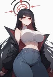 ai_generated bare_arms big_breasts black_hair blue_archive blush clothed clothing color female_focus female_only hi_res large_breasts light-skinned_female light_skin long_hair looking_at_viewer red_eyes rio_(blue_archive) santaclausai solo solo_female tagme thick_thighs