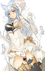 1boy 1girls animal_ears asymmetrical_gloves bangs bar_censor bare_shoulders black_bra black_legwear blue_eyes blush bra breasts cat_ears closed_mouth crystal dress dress_pull elbow_gloves embarrassed erun_(granblue_fantasy) eyebrows eyebrows_visible_through_hair female frottage gem gloves granblue_fantasy hair_ornament kneepit_sex korwa long_hair microdress mismatched_legwear momio outercourse panties penis pussyjob sumata text thigh_sex thighhighs underwear waist_grab white_dress white_gloves white_legwear white_panties