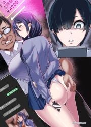 1girls 2boys artist_name ass ass_bigger_than_head ass_focus ass_grab ass_up big_ass big_breasts big_butt big_penis black_hair blue_hair blush blushed breasts brown_eyes chatting cheating cheating_girlfriend clothed color cuck cuckold cuckolding gigantic_ass glasses grabbing_ass hi_res huge_ass huge_breasts huge_cock huge_cock humiliation imminent_sex implied_sex japanese_language japanese_text large_breasts large_penis light-skinned_female light-skinned_male netorare ntr original original_character penis penis_awe penis_on_face penis_out phone phone_screen photo prostitute prostitution school_uniform schoolgirl skirt_lift text thick_ass thick_legs thick_thighs thighs tomoki_(dais729sof) traumatized twitter_username watching_sex