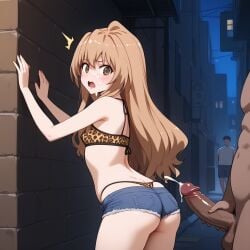 1boy 1girls ai_generated aisaka_taiga alley alleyway booty_shorts brown_eyes brown_hair caught_in_the_act cheating cum cum_on_ass cum_on_face cumming ejaculation flat_chest flat_chested jean_shorts leaning_against_wall leopard_print leopard_print_bikini looking_at_viewer looking_back night outdoors prostitution public small_butt stroking_penis thigh_up thighs toradora!