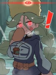 ! alpha_pokémon alpha_pokegirl big_breasts blush female female_only gloves green_eyes green_hair kurachi_mizuki nintendo pokemon pokemon_legends:_arceus red_eyes sabi_(pokemon) sweat sweatdrop