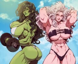 2girls abs absurd_res armpits arms_up ass bangs bare_shoulders big_ass big_breasts bikini breasts cleavage clothing cloud collarbone crossover curvy danusko dorohedoro dumbbell duo duo_female eastern_and_western_character eyelashes female female_focus female_only g-string green_eyes green_hair green_lips green_skin hand_in_hair hips huge_breasts human jennifer_walters large_ass large_breasts lips long_hair looking_at_viewer marvel marvel_comics messy_hair muscular muscular_female navel noi_(dorohedoro) outside pinup red_eyes revealing_clothes seductive she-hulk shiny_skin side_view sideboob skimpy strapless swimsuit thick_thighs thighs thong underboob vein voluptuous white_hair