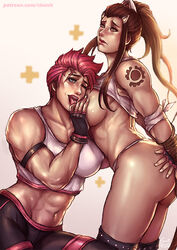 2d 2girls abs ass ass_grab back_muscles big_breasts bondage breast_fondling breast_grab breast_licking breasts brigitte brigitte_lindholm brown_hair erect_nipples female female_only groping kachima looking_at_viewer multiple_girls muscles muscular muscular_female naughty_face nipple_bulge open_mouth overwatch panties pink_hair pokies rope_bondage shirt_lift shorts tank_top tattoo thong tied_up tongue yuri zarya