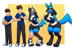 absurd_res ai_generated anthro base_one_layout basic_sequence black_body black_fur blue_body blue_fur blush body_part_growth bottomwear breast_growth breasts brown_hair canid canine clothing female female_lucario footwear fur gender_transformation generation_4_pokemon growth hair hellsonger hi_res human human_to_anthro linear_sequence lucario male mammal mid_transformation mtf_transformation nintendo one_row_layout open_mouth pants pokemon pokemon_(species) pokemon_transformation sequence shirt shoes simple_background smile species_transformation spikes surprise tail_growth three_frame_image three_frame_sequence topwear transformation transformation_sequence yellow_body yellow_fur