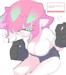 bare_shoulders barely_contained big_breasts breasts elf_ears gloves green_eyes green_hair hybrid inkling inkling_girl kemo_(mocamocaink) light-skinned_female looking_down mocamocaink multicolored_hair off_shoulder one-piece_swimsuit original_character pink_eyes pink_hair school_swimsuit sitting splatoon splatoon_oc sweating swimsuit swimsuit_pull thighs wolf_girl