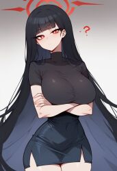 ai_generated bare_arms big_breasts black_hair blue_archive blush clothed clothing color female_focus female_only hi_res large_breasts light-skinned_female light_skin long_hair looking_at_viewer red_eyes rio_(blue_archive) santaclausai solo solo_female tagme thick_thighs