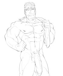 balls bara beard big_penis facial_hair flaccid male male_only monochrome muscles muscular nintendo nude penis peony_(pokemon) phosbara pokemon solo solo_male