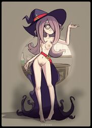 barefoot belt female hair_over_one_eye hat highres kt-draws little_witch_academia long_hair pink_hair pubic_hair pussy showgirl_skirt skirt solo standing straight_hair sucy_manbavaran tiptoes topless witch_hat