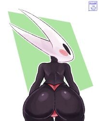 absurd_res anthro arthropod ass big_butt bottomless butt_focus clothed clothing female gradient_background hi_res hollow_knight horn hornet_(hollow_knight) huge_butt huge_thighs looking_at_viewer looking_back looking_back_at_viewer moonix_xero shoulder_pads simple_background solo standing team_cherry thick_thighs unaware underwear vessel_(species)