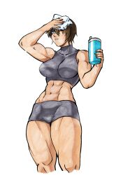 after_workout asian_female biceps blue_eyes boxer_girl boxers brown_hair gutsbro14 japanese_female muscle_girl muscular_female pixie_cut saotome_senshu,_hitakakusu saotome_yae short_hair short_shorts simple_background solo steamy_breath sweat sweatdrop sweating tan-skinned_female tomboy water_bottle