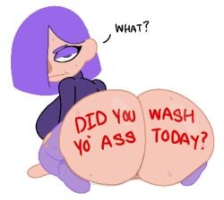 1girls anus ass ass_focus barely_visible_pussy big_breasts big_butt body_writing dialogue duolingo english english_text eyeshadow female hand_on_butt huge_ass lily_(duolingo) looking_at_viewer looking_back makeup meme purple_clothing purple_hair purple_sweater pussy sweat sweater sweating talking_to_viewer text theslashfive thighhighs vagina white_background wide_hips writing_on_ass writing_on_butt