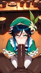 ai_generated bar big_penis big_thighs black_hair blowjob clothed clothed_male clothing dark-skinned_male fat_cock femboy genshin_impact girly girly_boy green_eyes green_hair green_hat huge_cock interracial large_penis large_thighs long_penis male male/male male_focus male_only oral oral_sex penis pub saloon thick_penis thick_thighs thighs trap venti_(genshin_impact) white_stockings