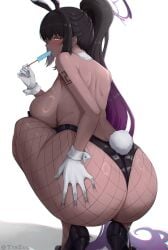 1girls ass black_hair blue_archive breasts bunny_ears bunny_girl dark-skinned_female dark_skin dat_ass female fishnets hi_res high_heels hips huge_ass huge_breasts karin_(blue_archive) karin_(bunny)_(blue_archive) long_hair naughty_face squatting thick_thighs thighs tyrzul wide_hips