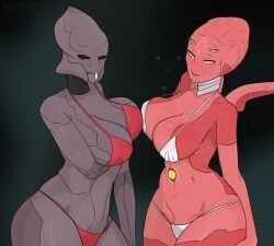 2girls alien alien_humanoid big_ass big_breasts bikini breasts doom doom_eternal female goddess halo halo_(game) halo_(series) halo_infinite harbinger_(halo) harbinger_of_truth humanoid khan_maykr multiple_girls xenophilia yellow_eyes