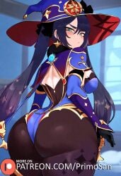 ai_generated ass bedroom breasts female female_only from_behind genshin_impact green_eyes huge_ass large_ass leotard mona_(genshin_impact) mona_ass night pantyhose primosan purple_hair rear_view standing star_symbol twintails witch_hat