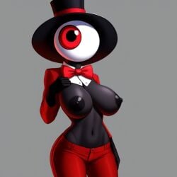1girls ai_generated big_breasts bowtie breasts cyclops eyeball fan_character frosting.ai huge_breasts nipples nude nude_female one_eye red_eyes solo solo_female the_amazing_digital_circus top_hat tuxedo voluptuous