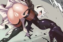 big_breasts black_clothing blue_eyes breasts breasts_out clothed clothing female female_only light-skinned_female light_skin nier:_automata nier_(series) penis penis_out stockings thighs tomoyuki_kotani voluptuous voluptuous_female white_hair yorha_2b