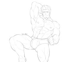 balls bara bulge facial_hair fate/grand_order fate_(series) flaccid hand_behind_head male male_only monochrome muscles muscular napoleon_bonaparte_(fate) penis phosbara solo solo_male underwear underwear_only