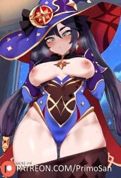 ai_generated ass bare_chest bedroom breasts female female_only from_below genshin_impact green_eyes hands_on_breasts huge_ass large_ass leotard mona_(genshin_impact) mona_ass nipples pantyhose pantyhose_down primosan purple_hair rear_view star_symbol twintails witch_hat