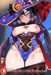 ai_generated ass bare_chest bedroom breasts female female_only from_below genshin_impact green_eyes hands_on_breasts huge_ass large_ass leotard mona_(genshin_impact) nipples pantyhose pantyhose_down primosan purple_hair rear_view star_symbol twintails witch_hat