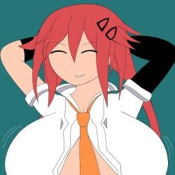 alternate_breast_size breast_expansion cleavage closed_eyes hair_ornament hairclip necktie neptunia_(series) red_hair silverrblade smile teeth_showing uzume_tennouboshi