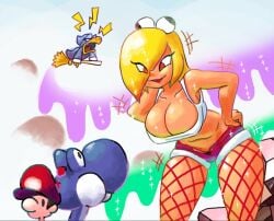 1girls baby_mario blonde_hair breasts fishnets hookbill_the_koopa kamek koopa koopa_girl mario mario_(series) minus8 nintendo red_shorts short_shorts tan_body tan_skin tank_top tanned yoshi yoshi's_island