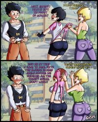 1boy 2girls bike_shorts black_hair blonde_hair dragon_ball dragon_ball_z embarrassed english_text erasa ex515 son_gohan spats tagme text videl wedgie