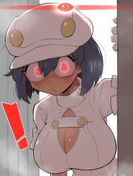 aether_foundation aether_foundation_employee aether_foundation_employee_(female) alpha_pokémon big_breasts blush glowing_eyes kurachi_mizuki pokemon red_eyes